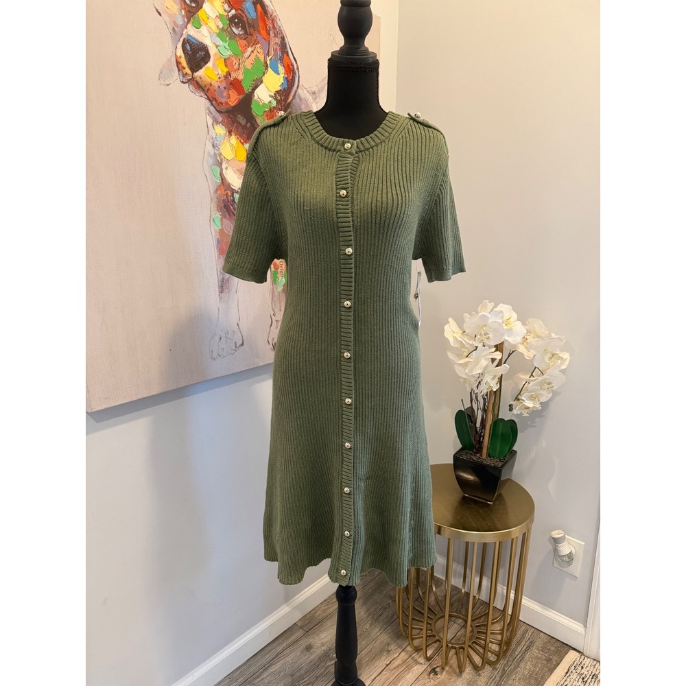 French Connection Olivine Ribbed Button Front Sweater Dress, Large